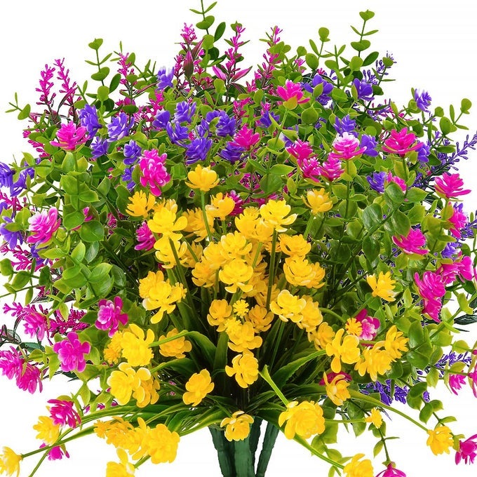 12 Bundles Outdoor Artificial Fake Flowers UV Resistant No Fade Boxwood Faux Plastic Shrubs Plants for Garden Patio Porch Window Box Home Wedding Farmhouse Hanging Dcor