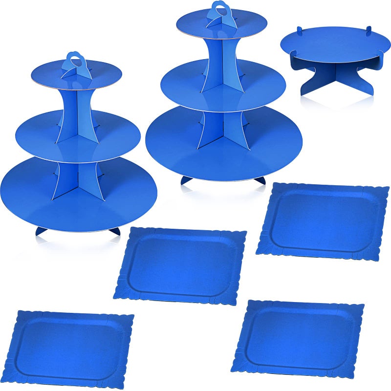 Zopeal 7 Pieces Cake Stand Set 3Tier Cardboard Cupcake Stand 1Tier Cupcake Display Round Rectangle Serving Tray Reusable Platters Cupcake Holders for Desserts Birthday PartyBlue