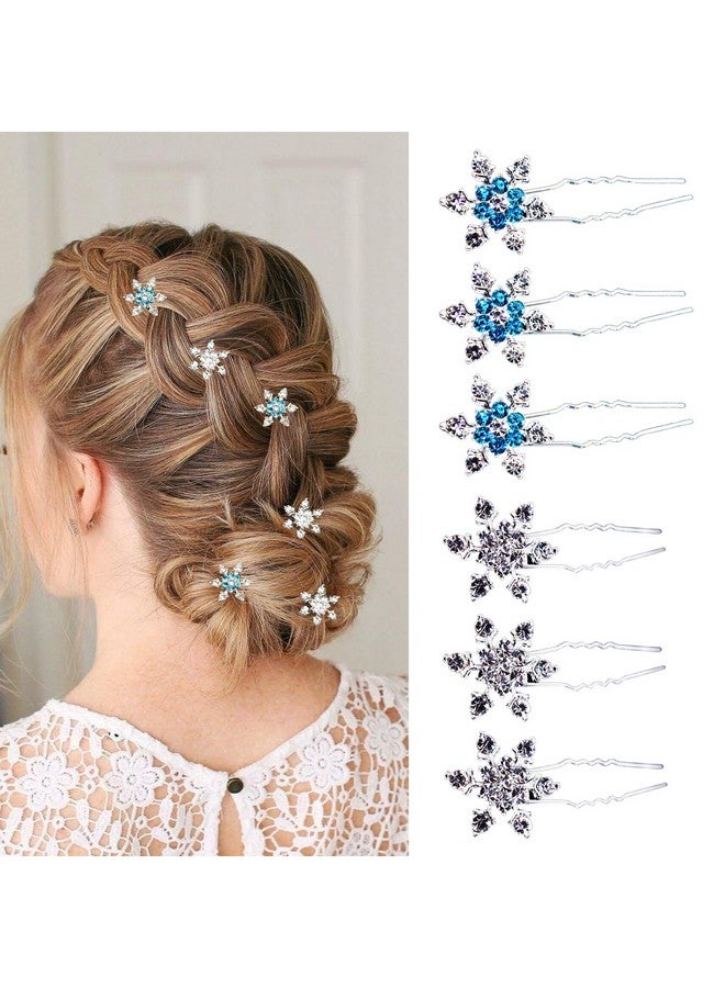 RUSTAMM 6 Pcs Christmas Hair Clips for Women and Girls Crystals Bobby Pins Snowflake Rhinestone Bridal U-Shape Hair Clips (Silver,Blue) - Image 1