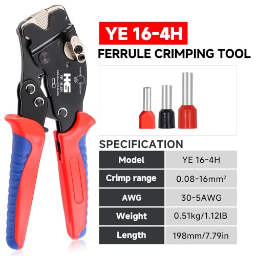 HKS Ferrule Crimping Tool AWG 30-5 - Fixable Range, Square Self-Adjusting Ratchet Crimper for End-Sleeves, Wire Ends Terimnals (Crimper 16-4H) - Image 2