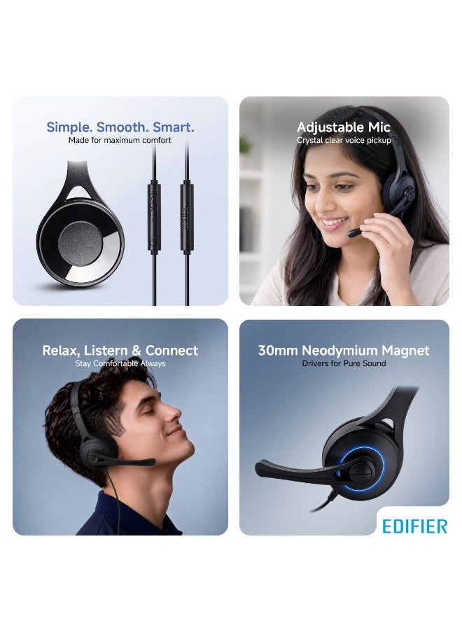 اديفير Wired Headset with Dual Soft Earpads, Over-Ear Headphones for Office, Meetings, Chat & Call Centers, Flexible Headband, Adjustable Microphone, Inline Volume Control, 2m Cable, 3.5mm Jack- Lightweight & Comfortable Fit - K550, Black Black - Image 2