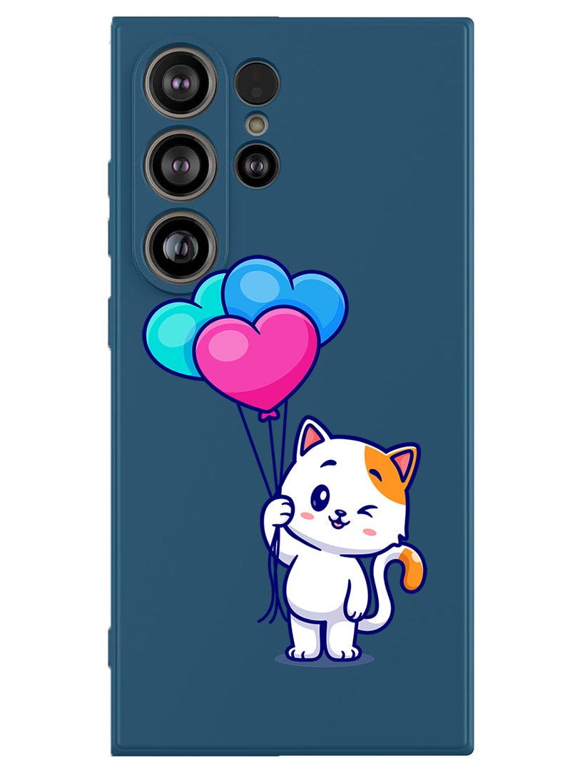 Theodor Protective Slim Fit Case Liquid Silicone Cover with Full Body Protection Anti-Scratch Shockproof Case For Samsung Galaxy S25 Ultra (Blue) - Cat holding Baloons - Image 1