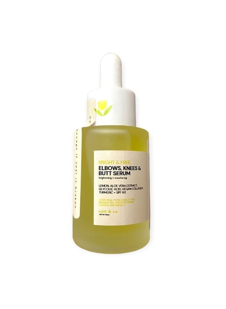 Bright & Free Elbows, Knees & Butt Serum – Brightening & Resurfacing with Lemon, Aloe Vera, Glycolic Acid, and Turmeric SPF 60