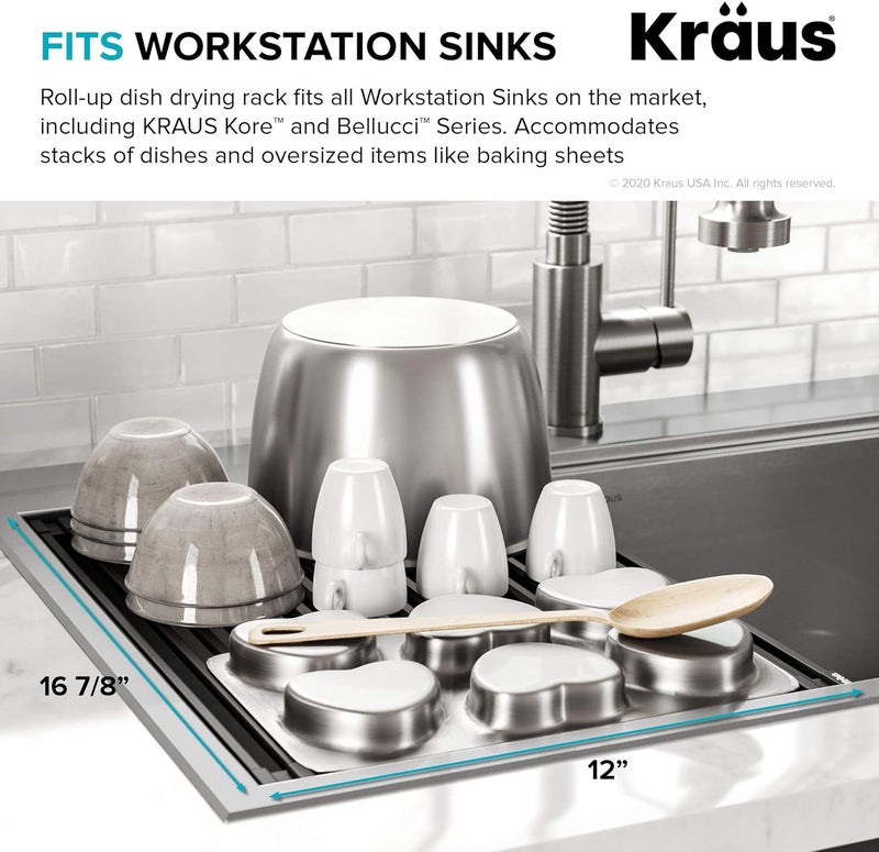 Kraus Multipurpose Workstation Sink Roll-Up Dish Drying Rack, Colander and Trivet in Light Grey, KRM-11LG - Image 4