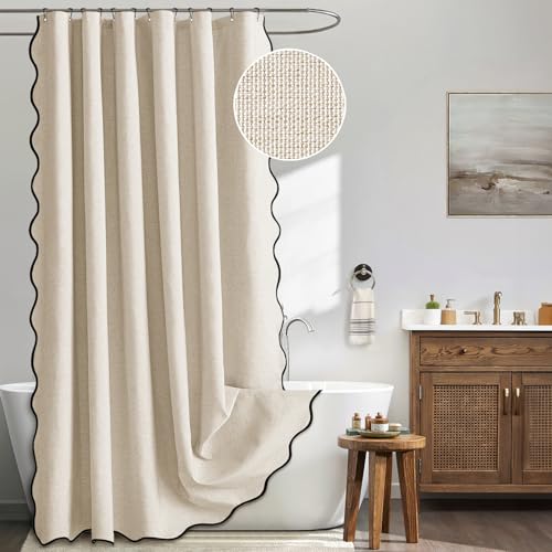 MIULEE Beige Scalloped Shower Curtain Linen Textured with 12 Metal Hooks Cute Heavy Duty Washable Waterproof Neutral Thick Cloth Shower Curtains with Black Border for Bathroom Bathtub,W72*L72 Cream - Image 1
