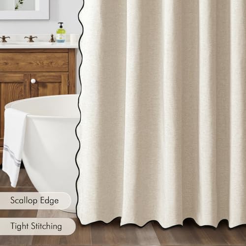 MIULEE Beige Scalloped Shower Curtain Linen Textured with 12 Metal Hooks Cute Heavy Duty Washable Waterproof Neutral Thick Cloth Shower Curtains with Black Border for Bathroom Bathtub,W72*L72 Cream - Image 5