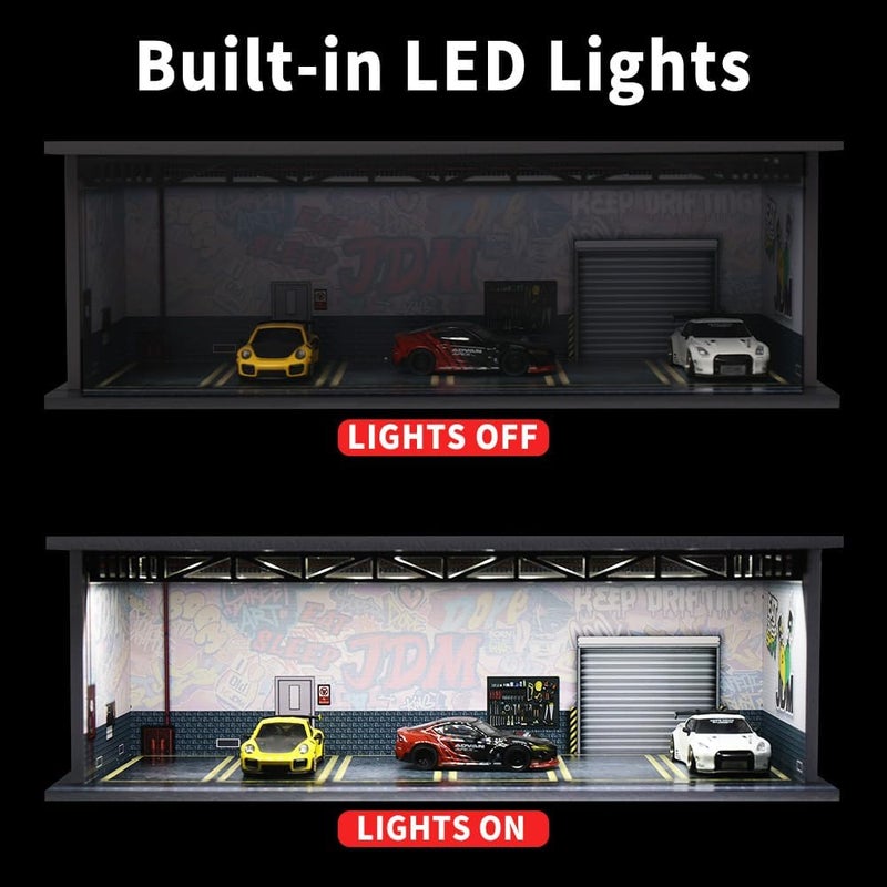 G-FANS 1/64 Scale Hot diecast Wheels Cars Display case - Model Cars scenarios Display Box with LED Light and Acrylic Cover, Scenes Parking lot Diorama Storage Garage 6 Parking Spaces (JDM-E) - Image 4