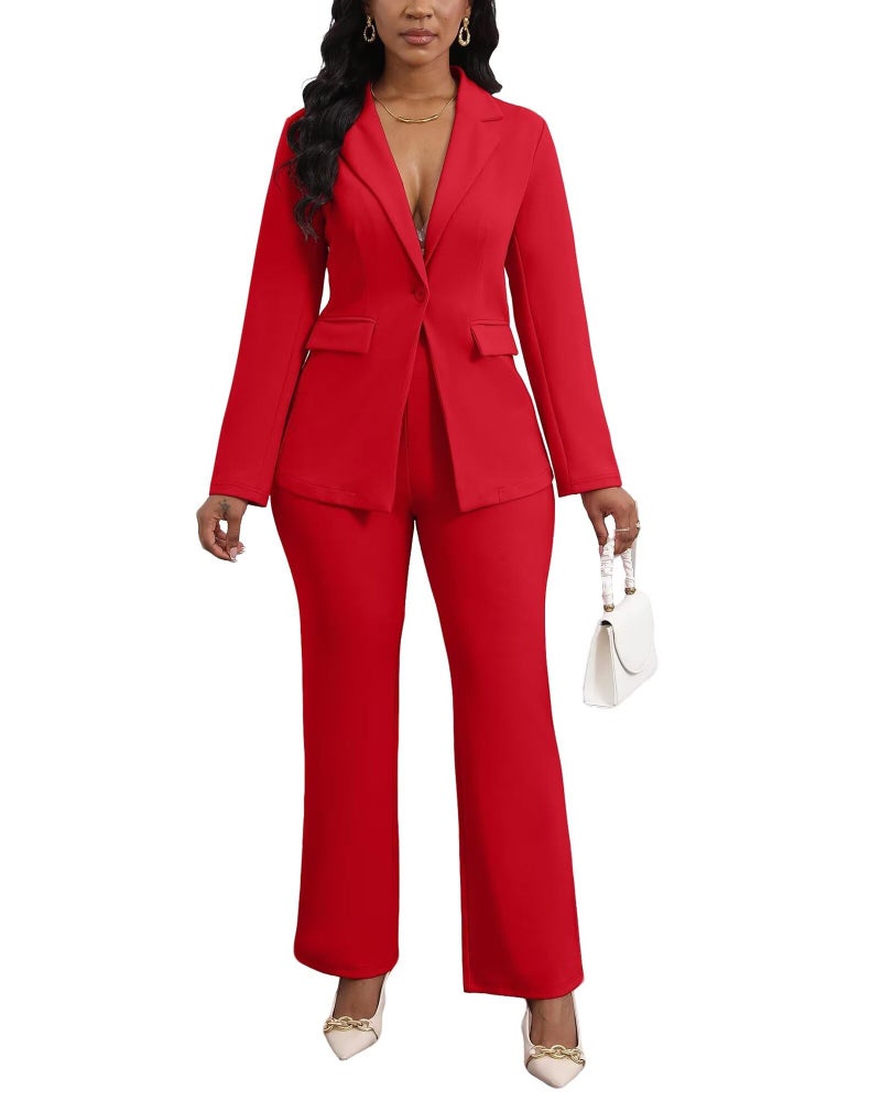 Ekaliy Womens 2 Piece Pant Suits Dressy Blazer Jacket Flare Pants Set Casual Business Suiting Formal Work Office Outfits Red - Image 1