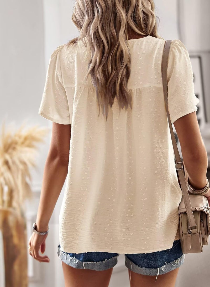 Falechay Boho Tops for Women Cute Lace Blouse Solid Bohemian Pullover Flowy Round Neck Tunic Short Sleeve Girls Loose Fit Apricot L - Image 3