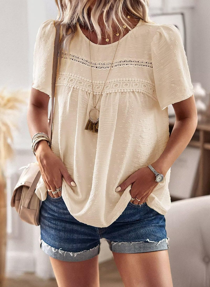 Falechay Boho Tops for Women Cute Lace Blouse Solid Bohemian Pullover Flowy Round Neck Tunic Short Sleeve Girls Loose Fit Apricot L - Image 4