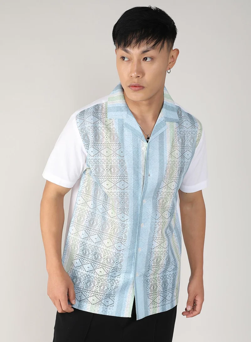 Campus Sutra Men's Light Blue & Pale Yellow Fish Eye Ethnic Shirt