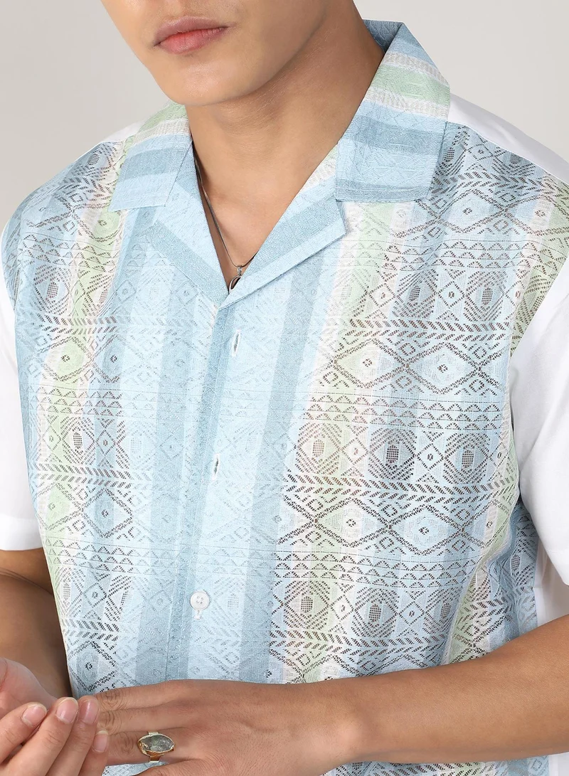 CAHOOT  Men's Light Blue & Pale Yellow Fish Eye Ethnic Shirt for Men | Best Price UAE
