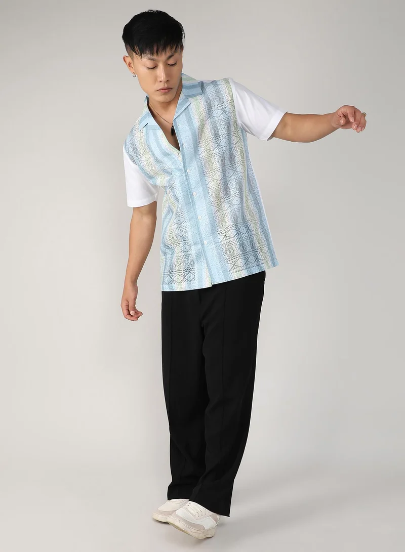 CAHOOT  Men's Light Blue & Pale Yellow Fish Eye Ethnic Shirt for Men | Best Price UAE
