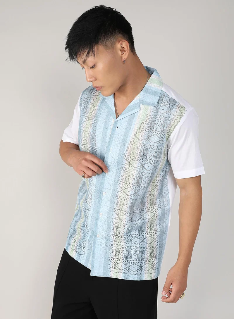 CAHOOT  Men's Light Blue & Pale Yellow Fish Eye Ethnic Shirt for Men | Best Price UAE