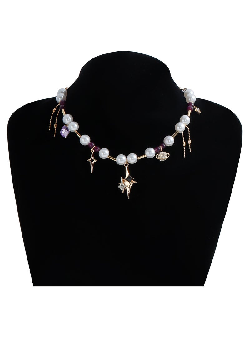 Elegant Pearl Beaded Necklace with Star Charm – Adjustable Length Jewelry for Eid & Vacation - Image 2