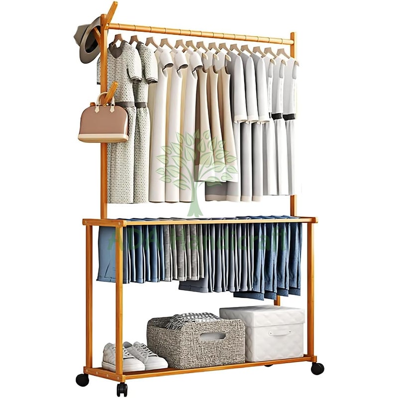 ADA Handicraft ADA Handicraft Premium Natural Bamboo Garment Rack Clothes Rail Tree Stand Coat Hanger for Jacket Umbrella Clothes Hats Scarf and Handbags Double Pole Rack 100cm