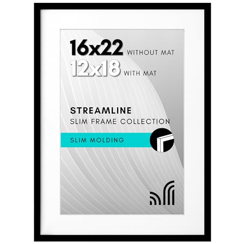 Americanflat 16x22 Picture Frame with Polished Plexiglass  Use as 12x18 Frame with Mat or Display 16x22 Photo Without Mat  Streamline Collection  Thin Border Picture Frames for Wall  Black