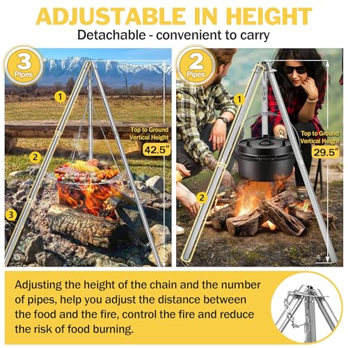 Joyfair Campfire Camping Tripod Grill Grate(17” Dia.), Heavy Duty Stainless Steel Openfire Tripod with Over Firepit Rack Camp Equipment, Adjustable Height Stand for Outdoor BBQ Cooking Grilling - Image 4