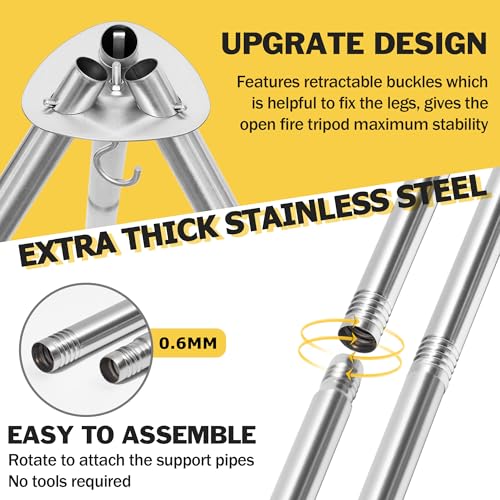 Joyfair Campfire Camping Tripod Grill Grate(17” Dia.), Heavy Duty Stainless Steel Openfire Tripod with Over Firepit Rack Camp Equipment, Adjustable Height Stand for Outdoor BBQ Cooking Grilling - Image 2
