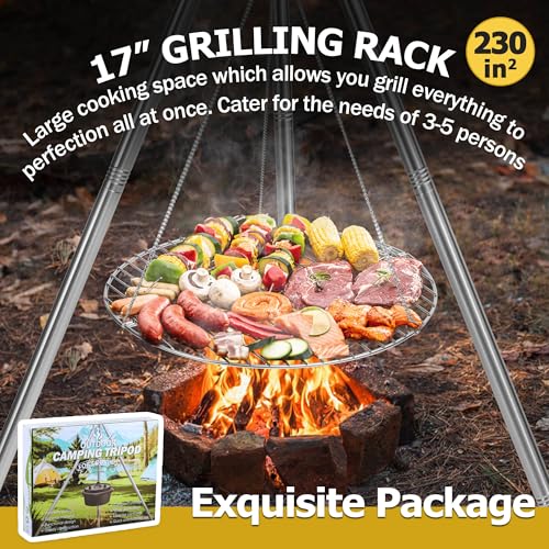Joyfair Campfire Camping Tripod Grill Grate(17” Dia.), Heavy Duty Stainless Steel Openfire Tripod with Over Firepit Rack Camp Equipment, Adjustable Height Stand for Outdoor BBQ Cooking Grilling - Image 5