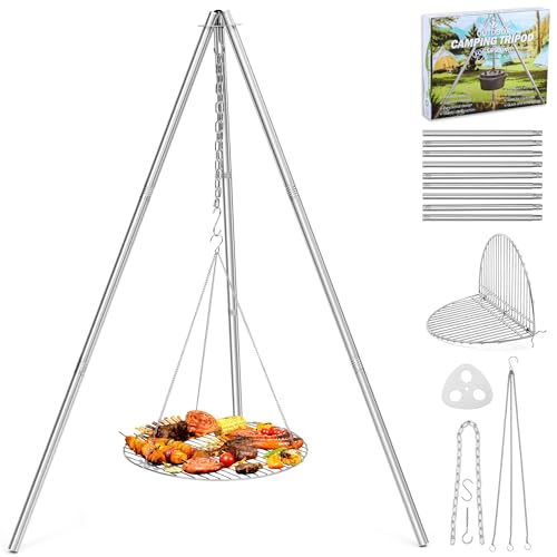 Joyfair Campfire Camping Tripod Grill Grate(17” Dia.), Heavy Duty Stainless Steel Openfire Tripod with Over Firepit Rack Camp Equipment, Adjustable Height Stand for Outdoor BBQ Cooking Grilling - Image 1