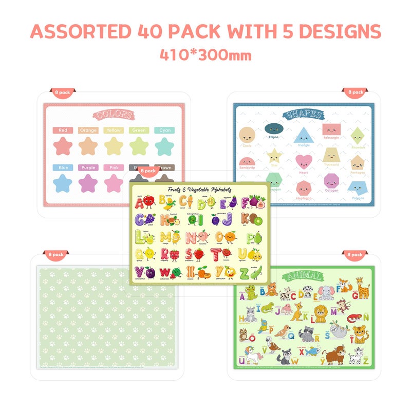 CartaChic Disposable Placemats for Baby & Toddlers â€“ Sticky Table Mats for Restaurants, Dining Table, Preschool & Parties â€“ 5 Fun Designs Animal, Fruit, Alphabet, Star & Shape â€“ 40-Pack, 12x16 Inches - Image 3