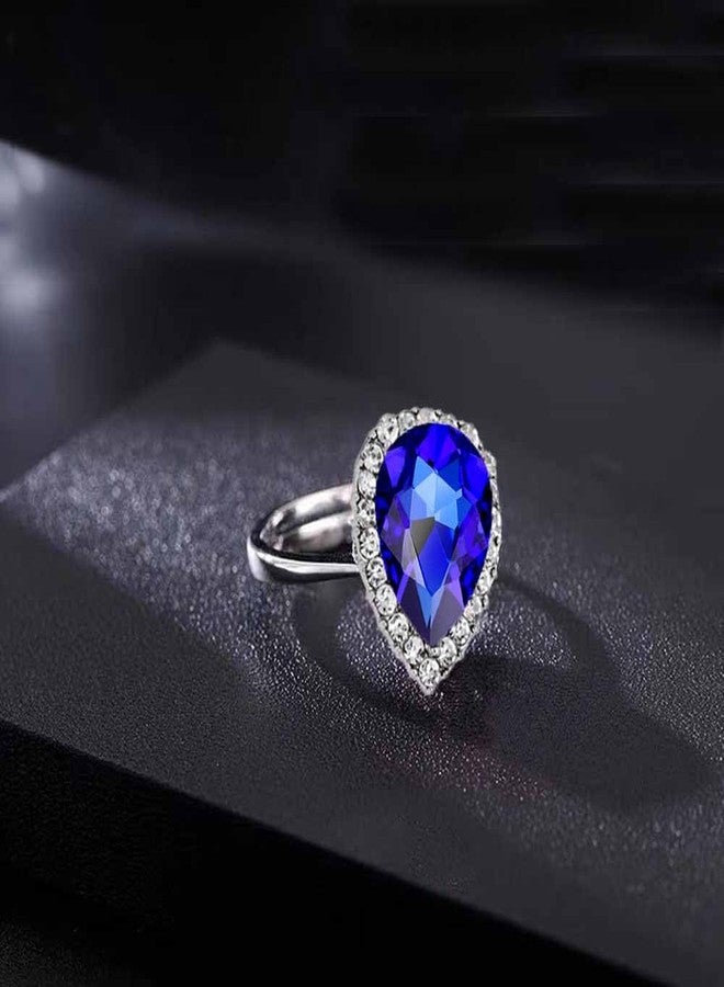 Ezing 3 PCS Blue Jewelry Set for Women Crystal Pendant Necklace Earring Ring (BLUE) - Image 2