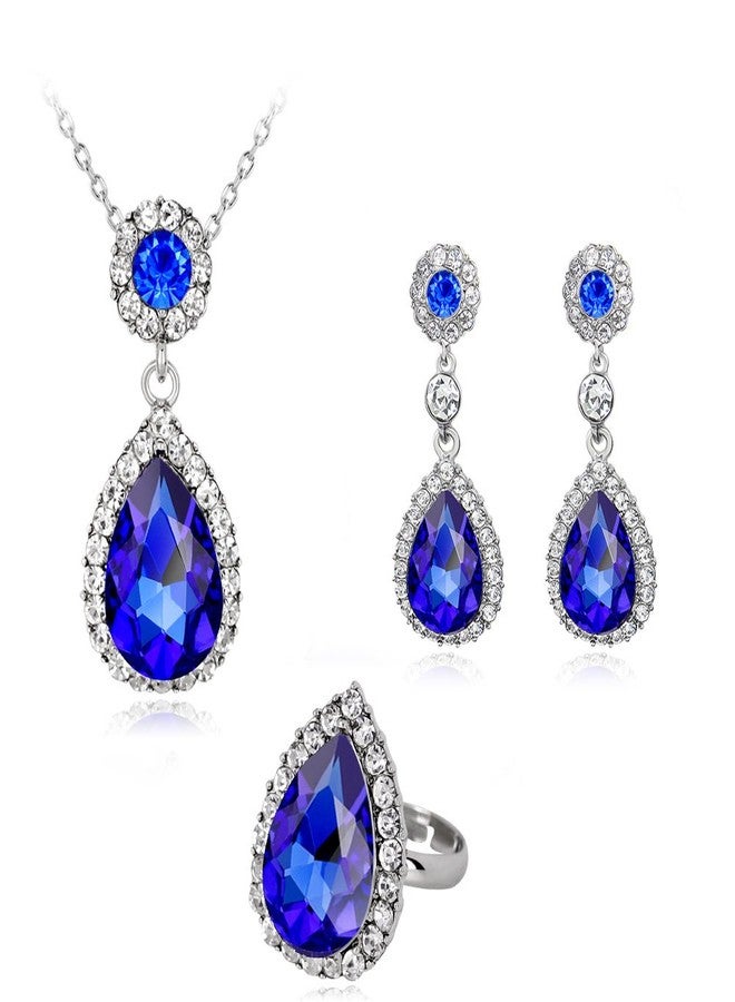 Ezing 3 PCS Blue Jewelry Set for Women Crystal Pendant Necklace Earring Ring (BLUE) - Image 1