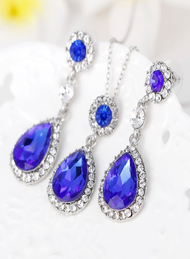Ezing 3 PCS Blue Jewelry Set for Women Crystal Pendant Necklace Earring Ring (BLUE) - Image 3