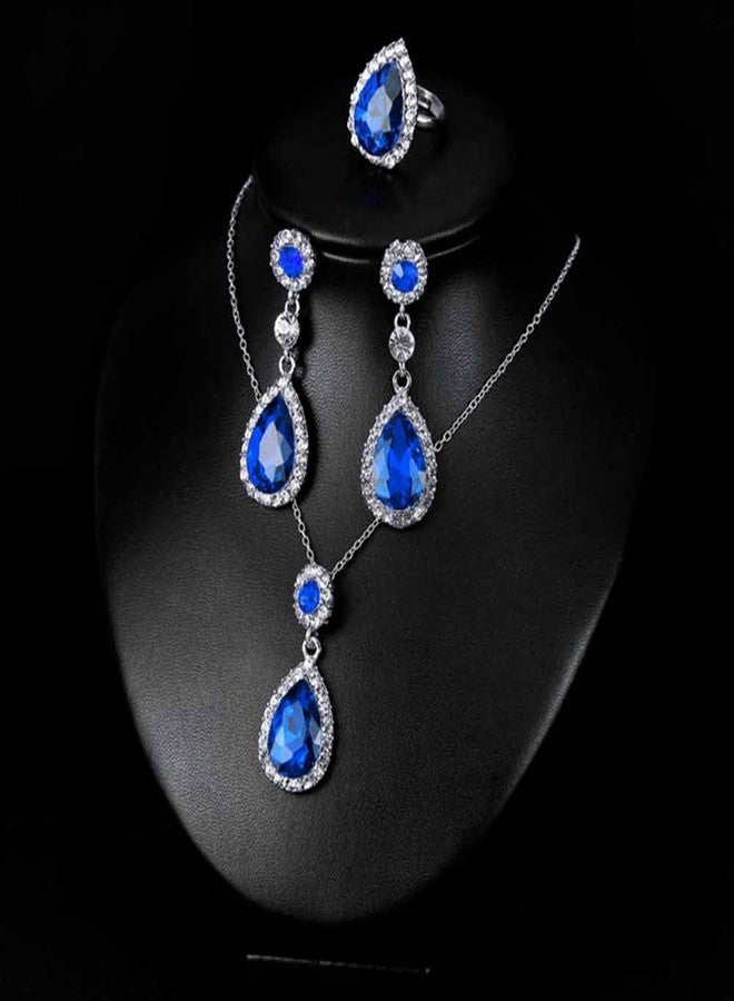 Ezing 3 PCS Blue Jewelry Set for Women Crystal Pendant Necklace Earring Ring (BLUE) - Image 5