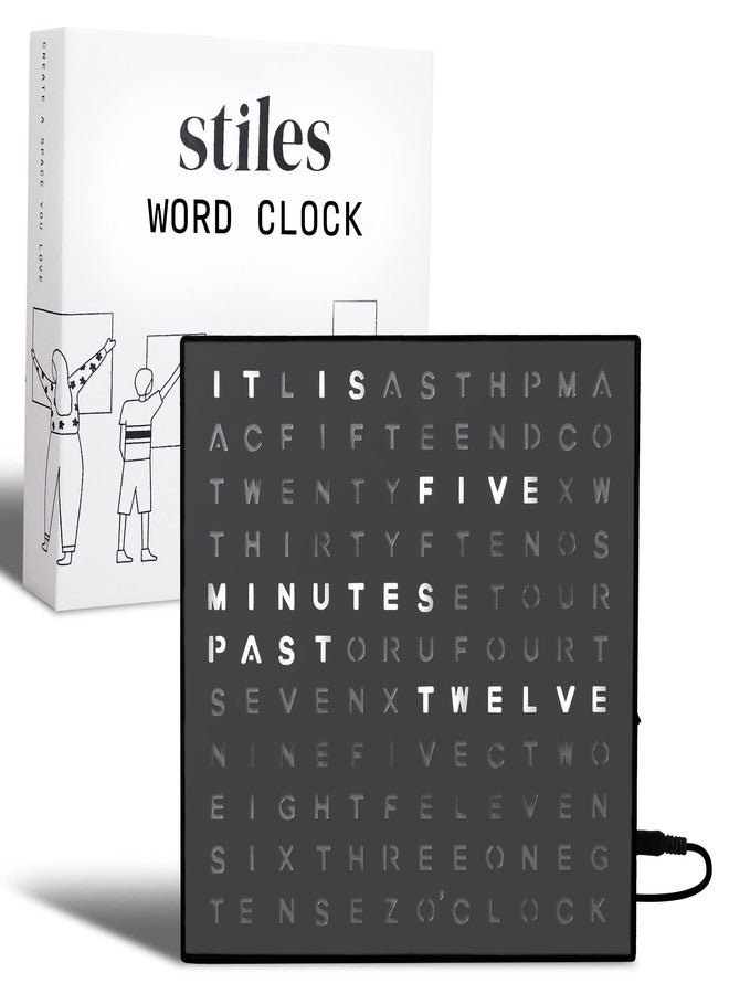 Stiles Word Clock, 8" by 8" Modern LED Desk Clock with USB Cable, Aluminum, Unique with Words, Contemporary, Living Room, Bedroom, Home, or Office Lightup Decor, Gift Item, Gray - Image 1