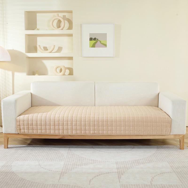 House of Quirk Sofa Covers Furniture Protector 1/2/3/4 Seater Sofa Cover Velvet Check Anti-Slip Stretch Seat Pad from Pets Replacement Protector (Light Brown Checked, 70x70cm) - Image 1