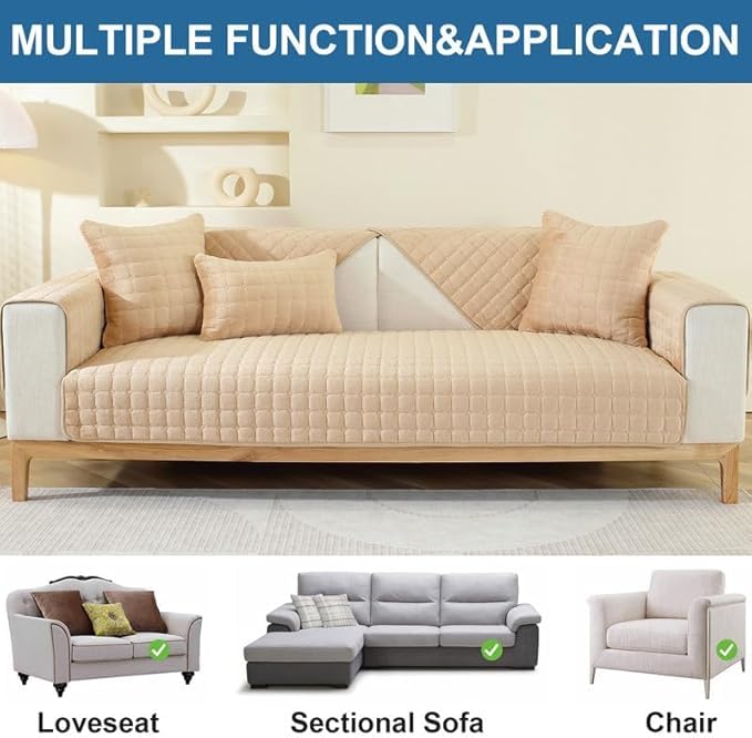 House of Quirk Sofa Covers Furniture Protector 1/2/3/4 Seater Sofa Cover Velvet Check Anti-Slip Stretch Seat Pad from Pets Replacement Protector (Light Brown Checked, 70x70cm) - Image 3