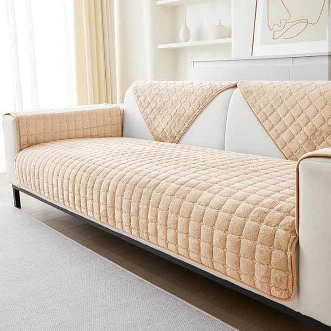 House of Quirk Sofa Covers Furniture Protector 1/2/3/4 Seater Sofa Cover Velvet Check Anti-Slip Stretch Seat Pad from Pets Replacement Protector (Light Brown Checked, 70x70cm) - Image 2