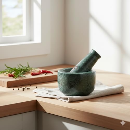 Salvus APP SOLUTIONS Italian Green Marble Mortar and Pestle Set – 4 Inch Handcrafted Stone Masher/Khalbatta for Kitchen Masala Grinding, Medicine & Home Decor (Granite, Green) - Image 4