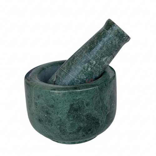 Salvus APP SOLUTIONS Italian Green Marble Mortar and Pestle Set – 4 Inch Handcrafted Stone Masher/Khalbatta for Kitchen Masala Grinding, Medicine & Home Decor (Granite, Green) - Image 1