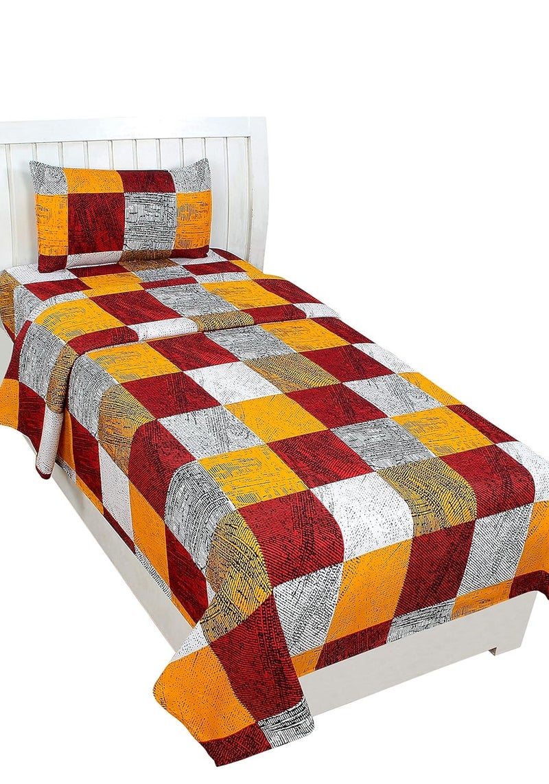بي إس بي هوم® ملاءة سرير مفرد فاخرة مطبوعة بتقنية 3D مع 144 TC 200 GSM مع غطاء وسادة واحد - أصفر وقرمزي