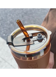 Generic 450ml Glass Coffee Tumbler with Straw and Lid Sealed Carry on, Glass Iced Coffee Cup, Leak-Proof Glass Tumbler Cup, Reusable Smoothie Mugs for Cold & Hot Drinks, Coffee, Tea, Shake (Yellow)  - Image 3