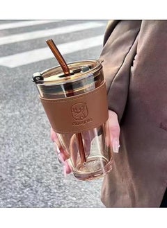 Generic 450ml Glass Coffee Tumbler with Straw and Lid Sealed Carry on, Glass Iced Coffee Cup, Leak-Proof Glass Tumbler Cup, Reusable Smoothie Mugs for Cold & Hot Drinks, Coffee, Tea, Shake (Yellow)  - Image 2