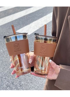 Generic 450ml Glass Coffee Tumbler with Straw and Lid Sealed Carry on, Glass Iced Coffee Cup, Leak-Proof Glass Tumbler Cup, Reusable Smoothie Mugs for Cold & Hot Drinks, Coffee, Tea, Shake (Yellow)  - Image 1