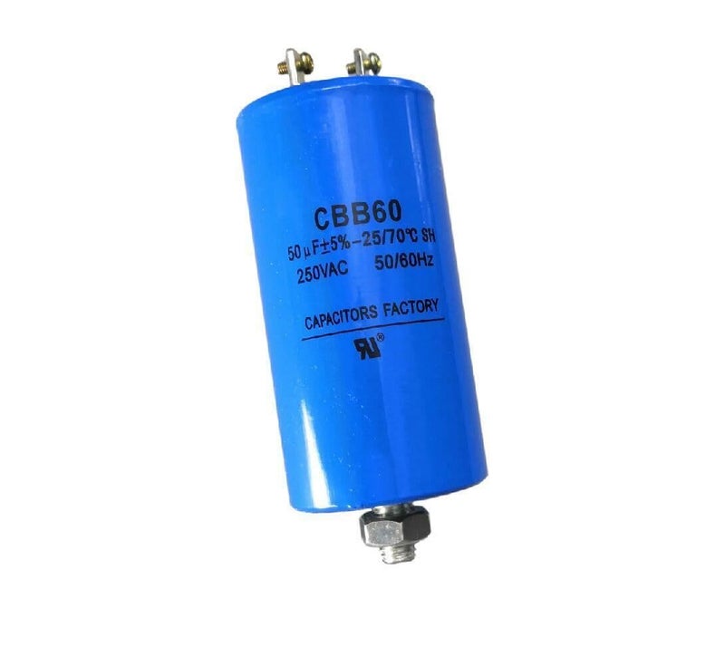 مكثف تشغيل CBB60 بجهد 250VAC وسعة 50 ميكروفاراد (50uF)، لون أزرق، أبعاد 43×84 مم، قدرة حرارية 25/70/21 واط، مزود بمسمار ثابت، مطابق لمعايير UL. - Image 1