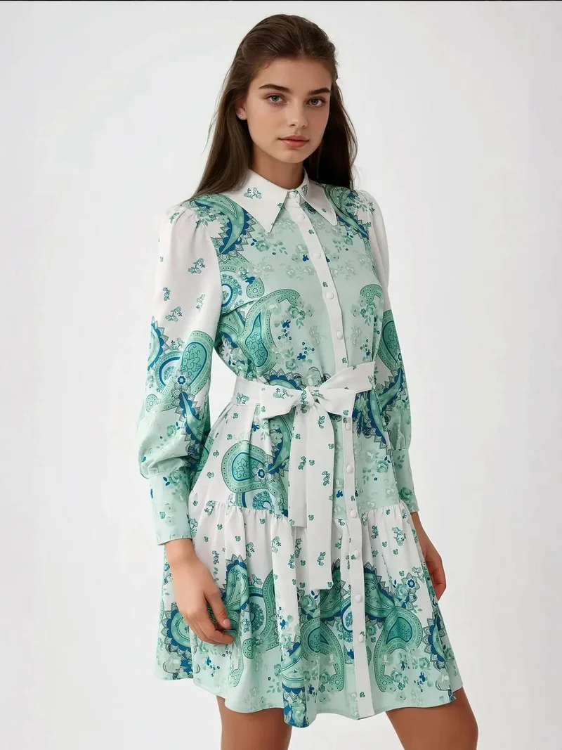 زوبعة فستان قصير مطبوع بحزام