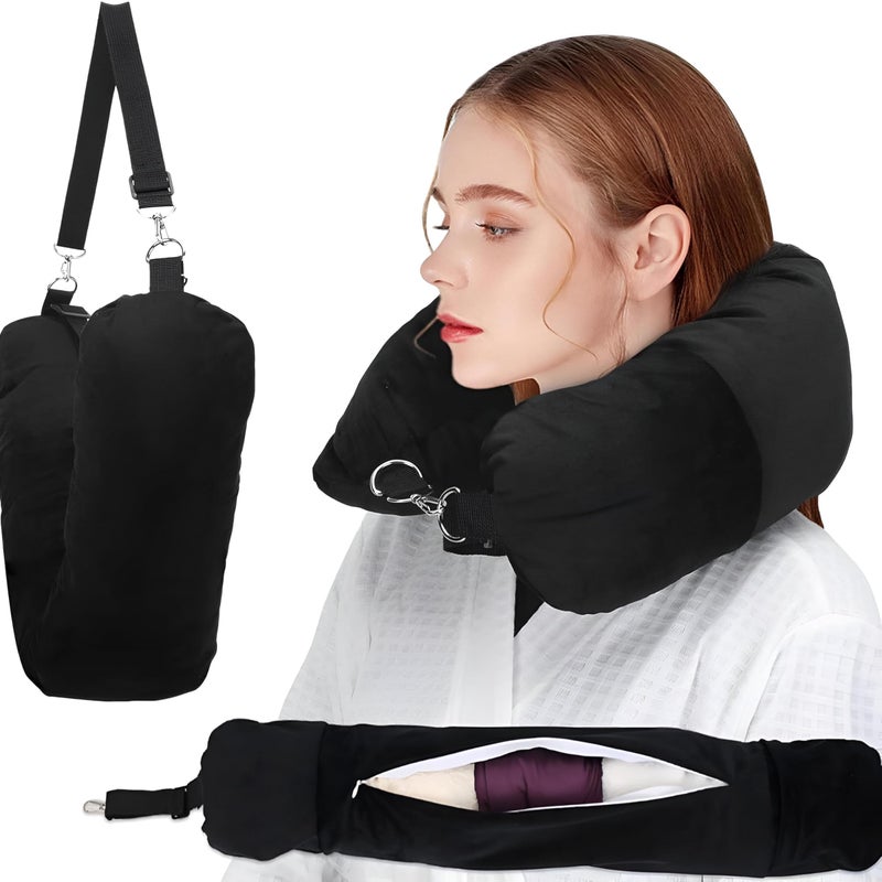 Neck Pillow - Inflatable Travel Pillow for Ultimate Comfort with Refillable Design and Storage Bag for Trips and Roads (Black) - Image 1