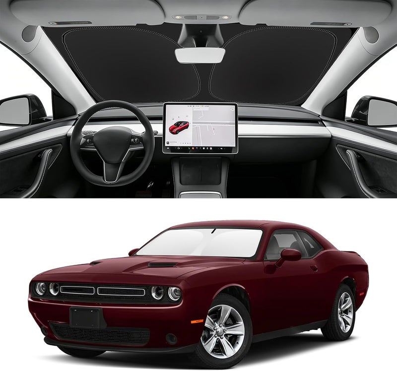 SLOGENTO Custom Fit Windshield Sun Shade for Dodge Challenger 2015-2023, Foldable Car Sunshade Accessories with Storage Bag, UV & Heat Reflector,Keep Your Car Cooler - Image 1