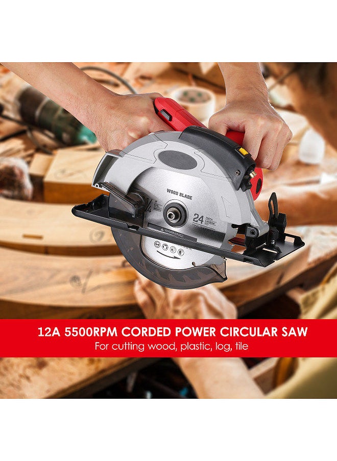 Generic - 12A 5500RPM Corded Circular Saw with 7-1/4'' Circular Saw Blade and Laser Guide Max Cutting Depth 2.45'' (90°), 1.81'' (45°) for Wood and Log Cutting 3 Blades EU - Image 1