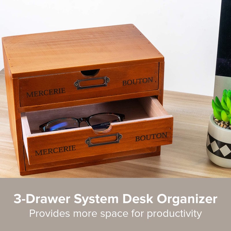 Primo Supply Vintage 3-Drawer Organizer for Desk - Wooden Box with 3 Storage Drawers - Solid Wood Table Top Filing Cabinet for Organization and Storage - Paper Organizer - Rustic Desk Organizers and Accessories - Image 3