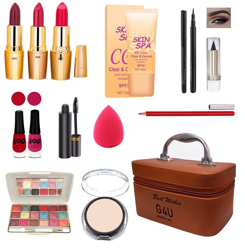 G4U G4U All in One Makeup Kit Gift SetEyeshadowEyeliner PenFoundation3 LipsticksKajalLip LinerPuffMascara2nail PolishCompactPerfect for Party Wedding makeup With Makeup BoxSet Of 14Pcs ST 19 - Image 1