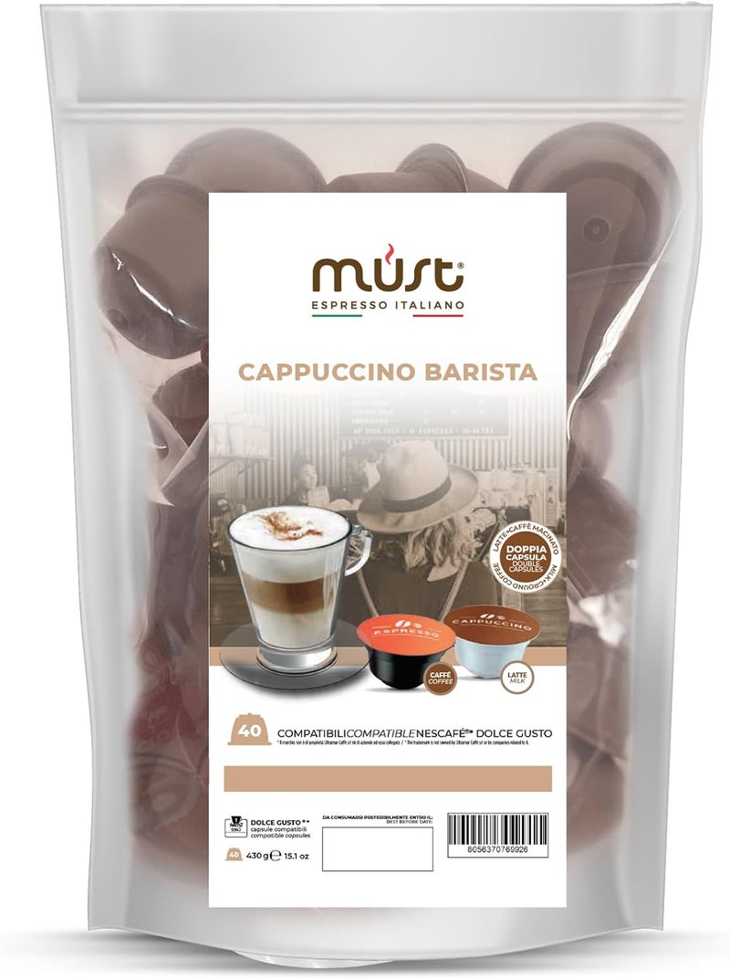 MUST 40 Capsules, Coffee Capsules Self Protected in 100% Recyclable Plastic, Cappuccino Barista, Pack of 40 Capsules Compatible with Dolce Gusto Machine, Made in Italy