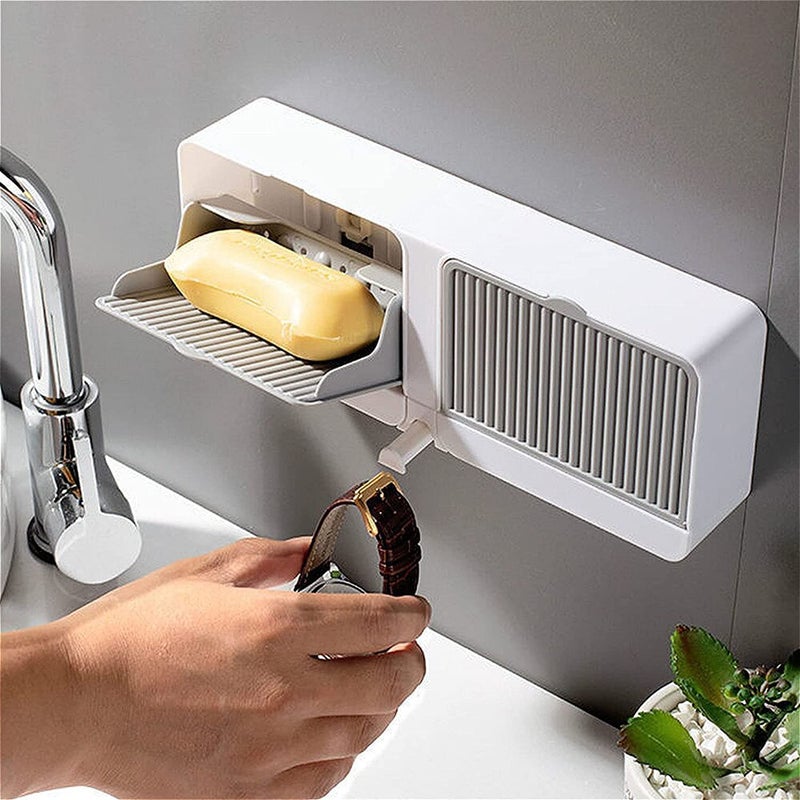 AKSHAR Double Grid Soap Holder Wall Mounted - Bar Soap Flip Box | Plastic Adhesive Soap Dish Cover with Drain - Dual Soap Holder Tray & Soap Saver Case for Bathroom - Image 2