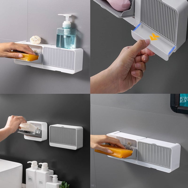 AKSHAR Double Grid Soap Holder Wall Mounted - Bar Soap Flip Box | Plastic Adhesive Soap Dish Cover with Drain - Dual Soap Holder Tray & Soap Saver Case for Bathroom - Image 4